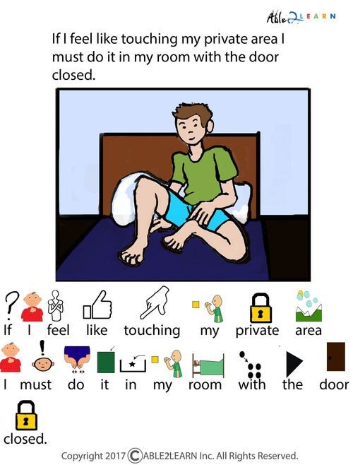 Visual chart of a boy saying " If I feel like touching myself, I must do it in my room with the door closed."